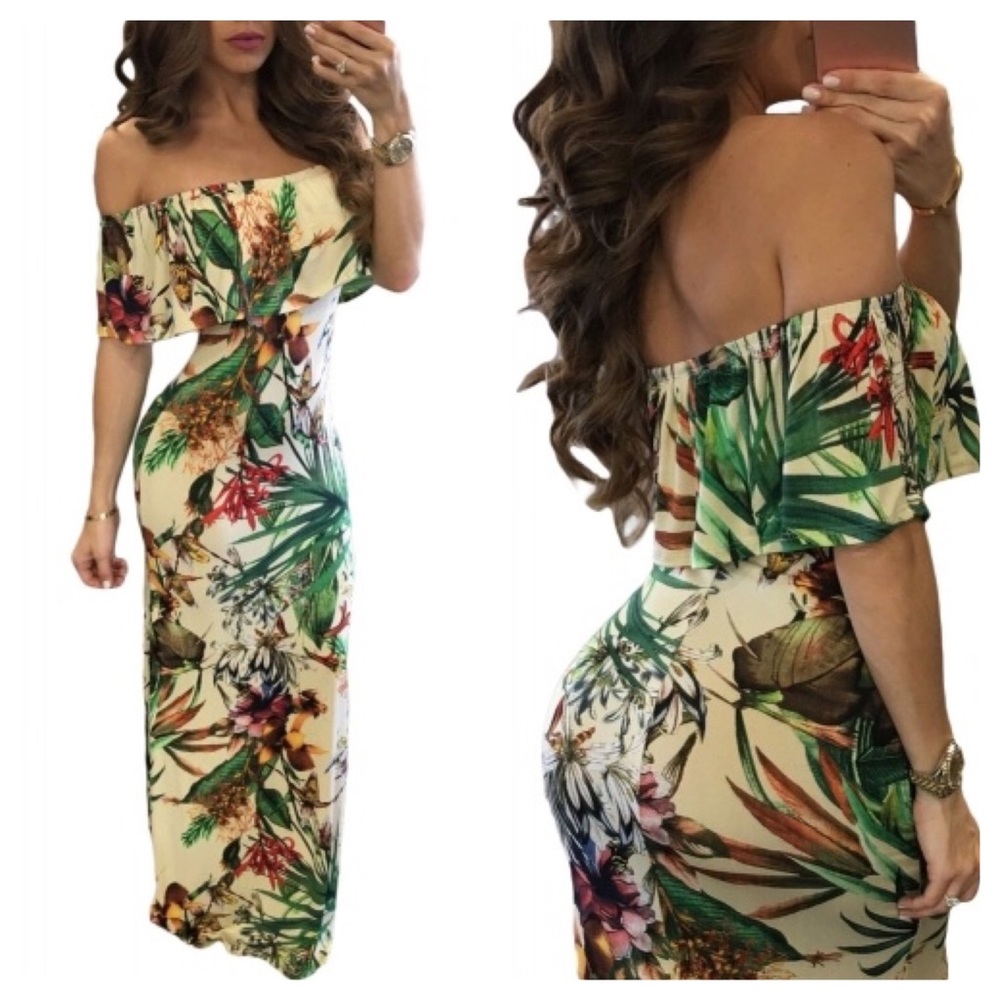 Vibrant Botanic Print Off-the-shoulder Maxi Dress